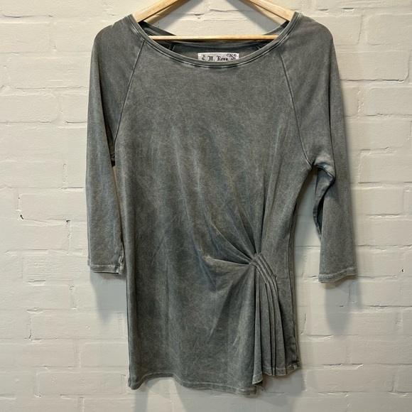 M. Rena Tops - M Rena Gray Asymmetrical Lagenlook Pleated Side Drape Tunic Top Size Small